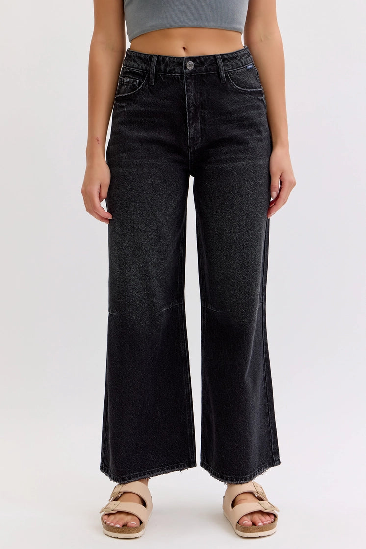 Zayne High Waisted Crop Wide Leg Jean / Washed Black