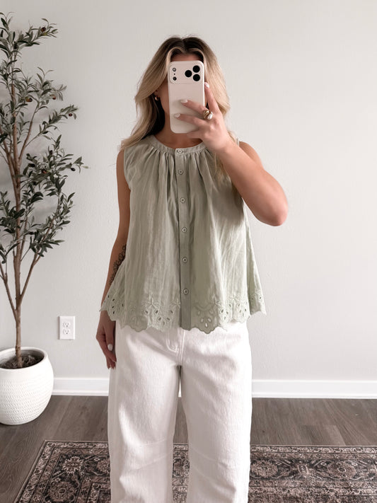 Soft Mint Eyelet Button Top