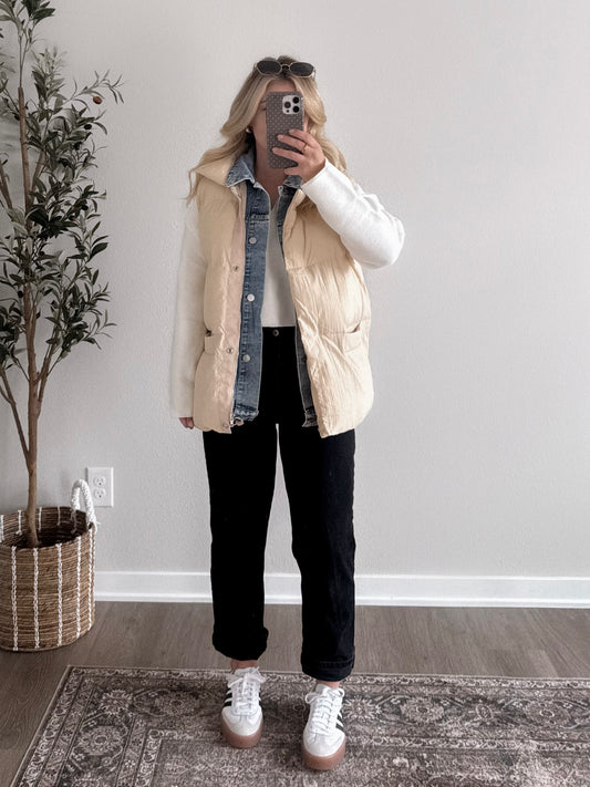 Daily Wear Denim Layered Puffer Vest / Vanilla