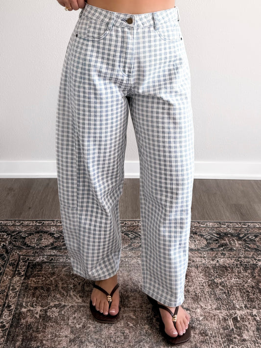 Gridlock Check Print Barrel Pant / Blue