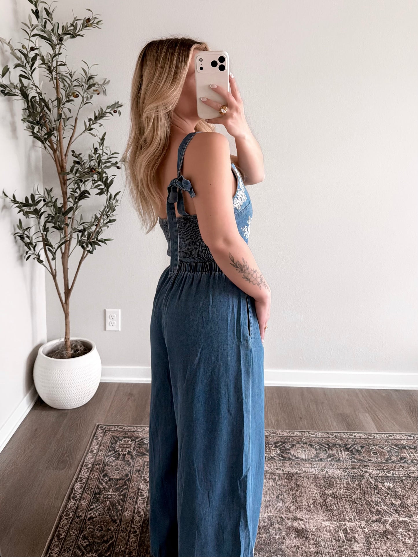 Delaney Denim Embroidered Jumpsuit (Restocking 3.09)