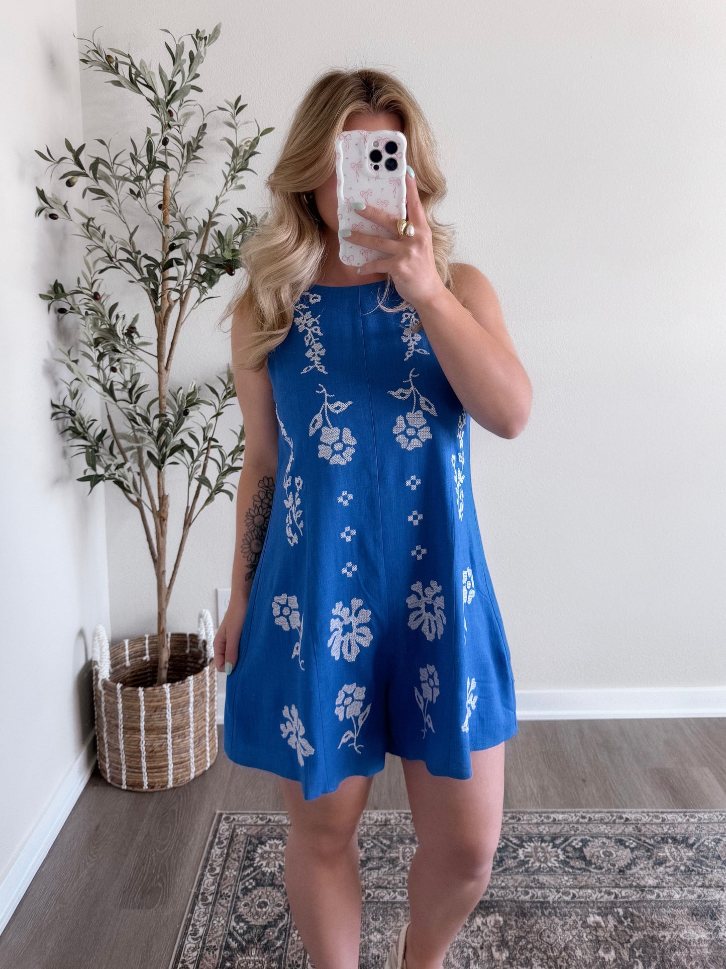 Lagoon Linen Embroidered Romper (est ship date 5.13)