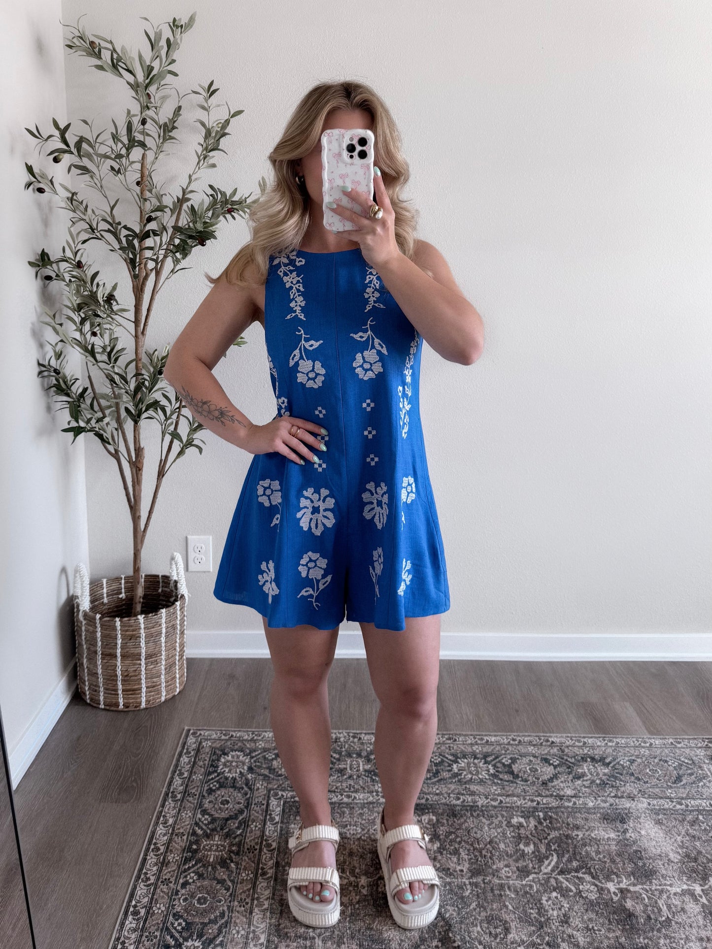 Lagoon Linen Embroidered Romper (est ship date 5.13)