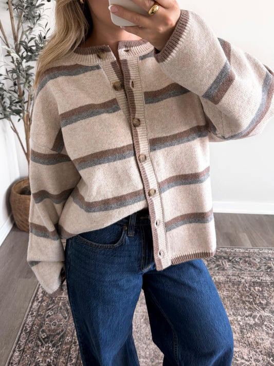 Soft Stripe Knit Cardigan / Oat