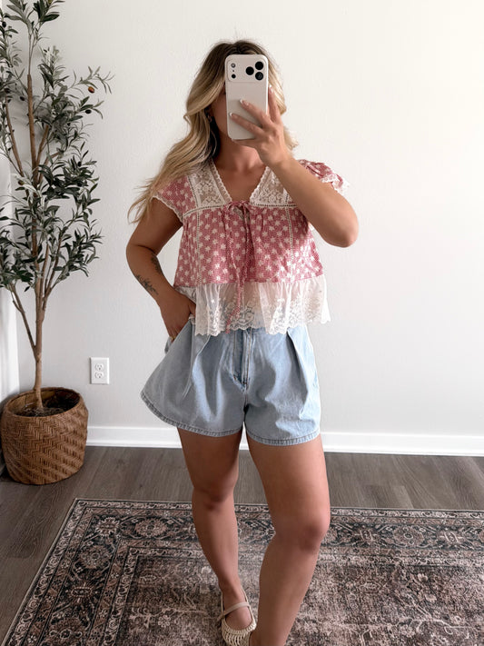 American Quilt Gingham Lace Top
