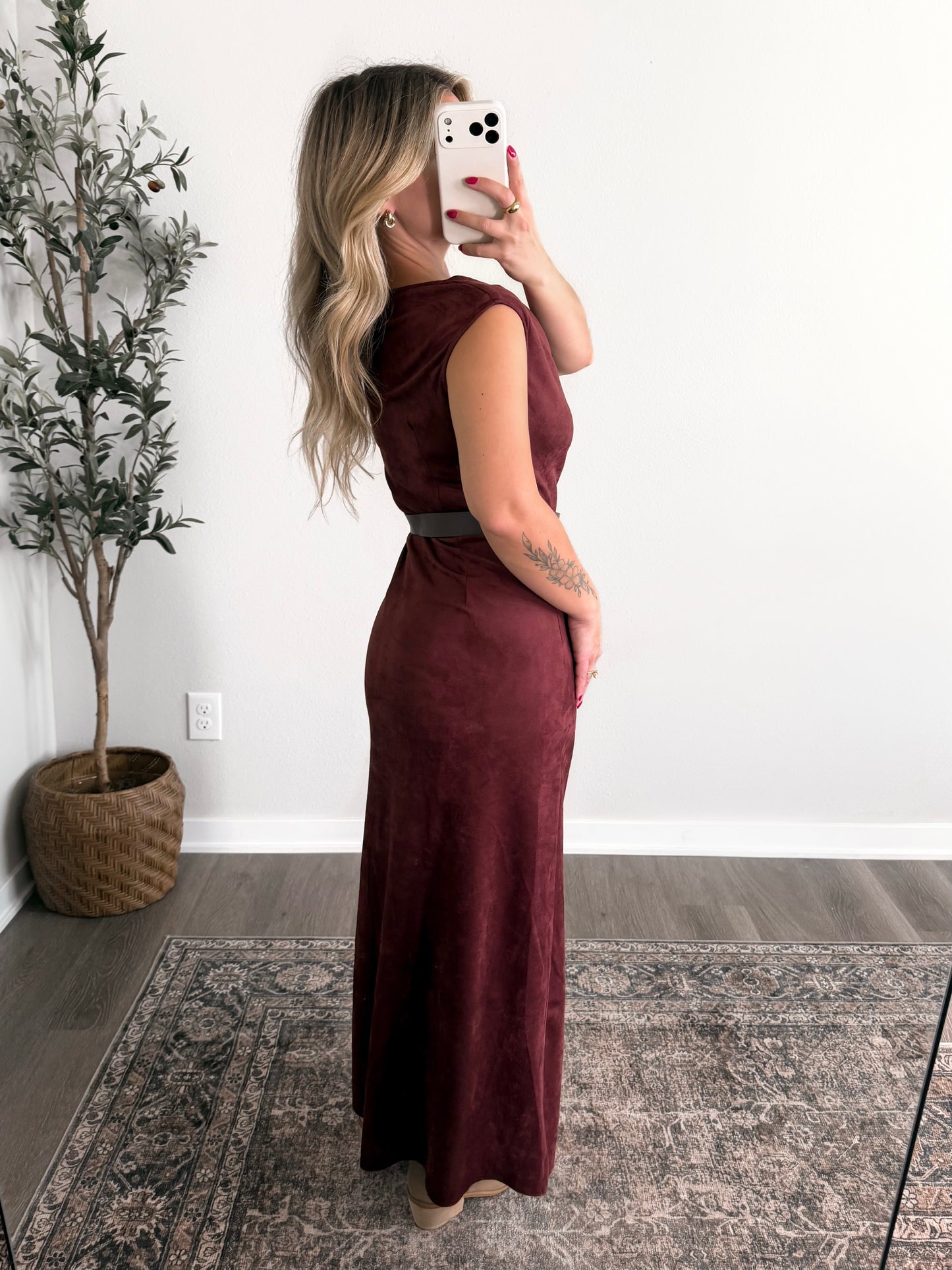Wine List Suede Maxi Dress (Restocking Early November)