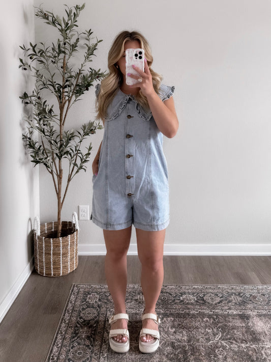 Girly Girl Collared Denim Romper Final Sale