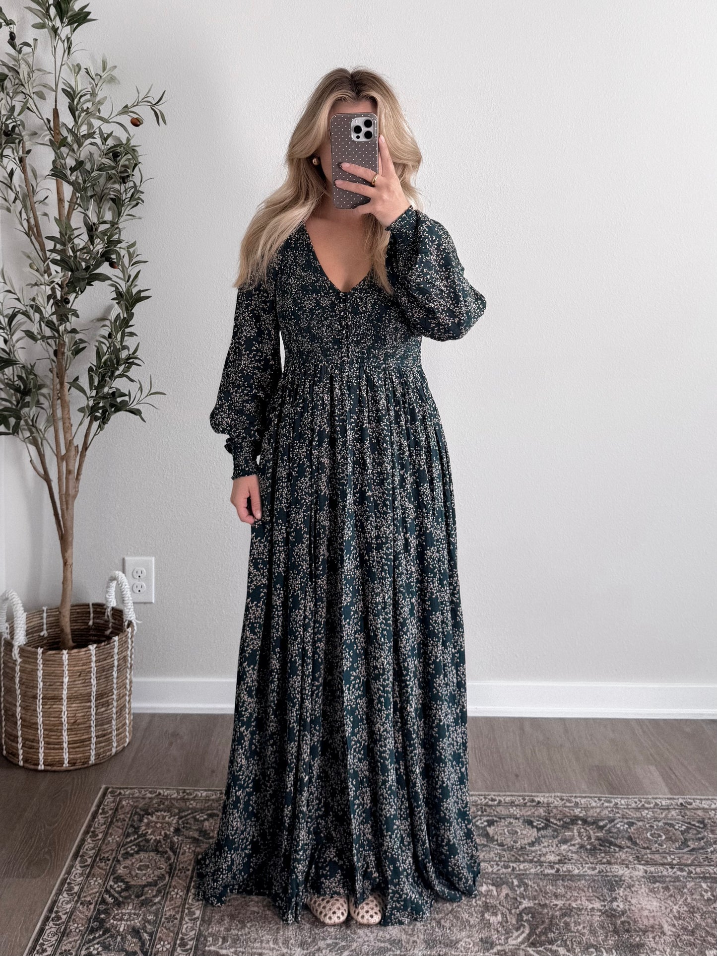 Forest Veil Smocked Maxi Dress