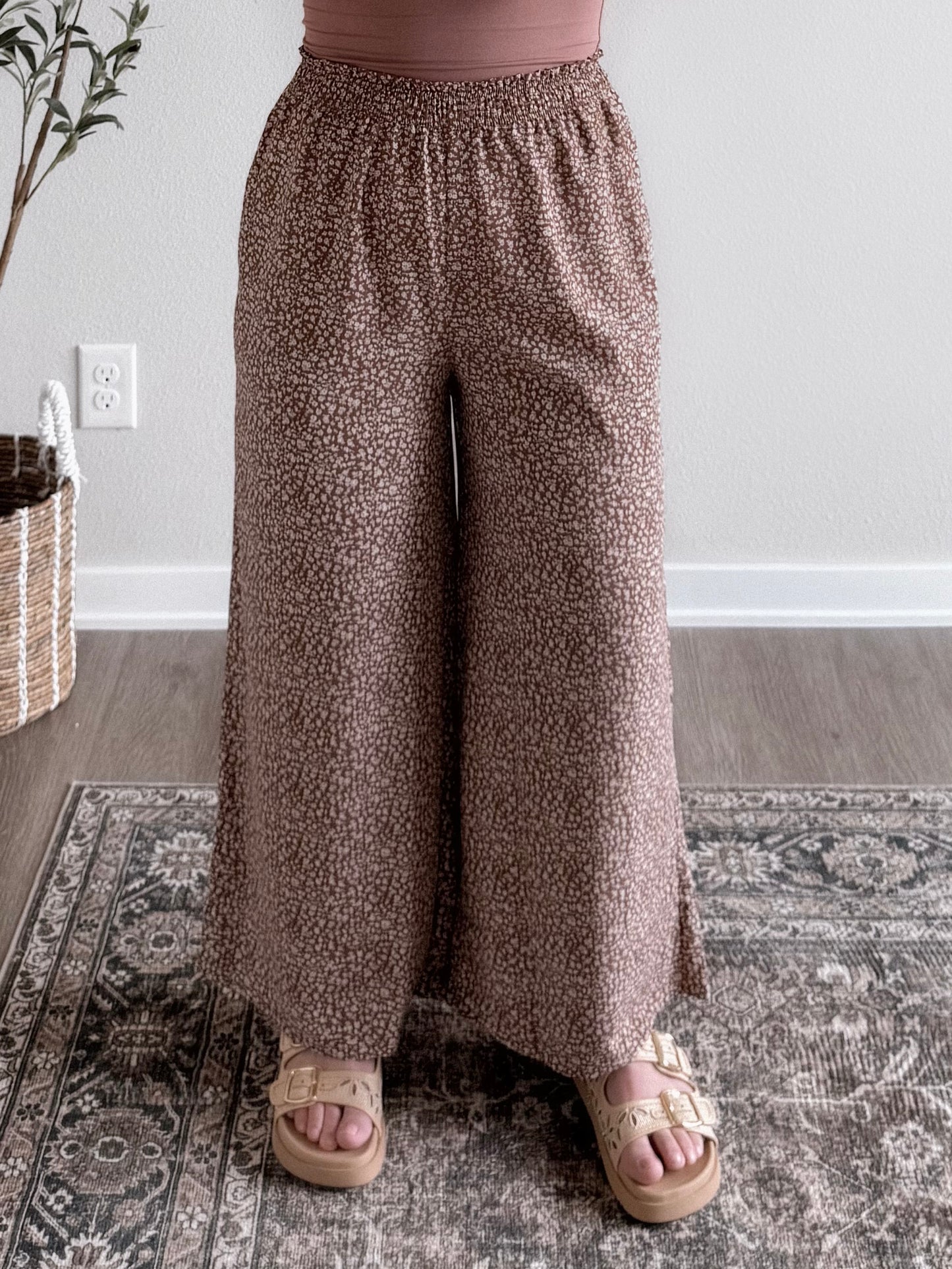 Mocha Floral Wide Leg Crop Pant (est ship by 4.17)