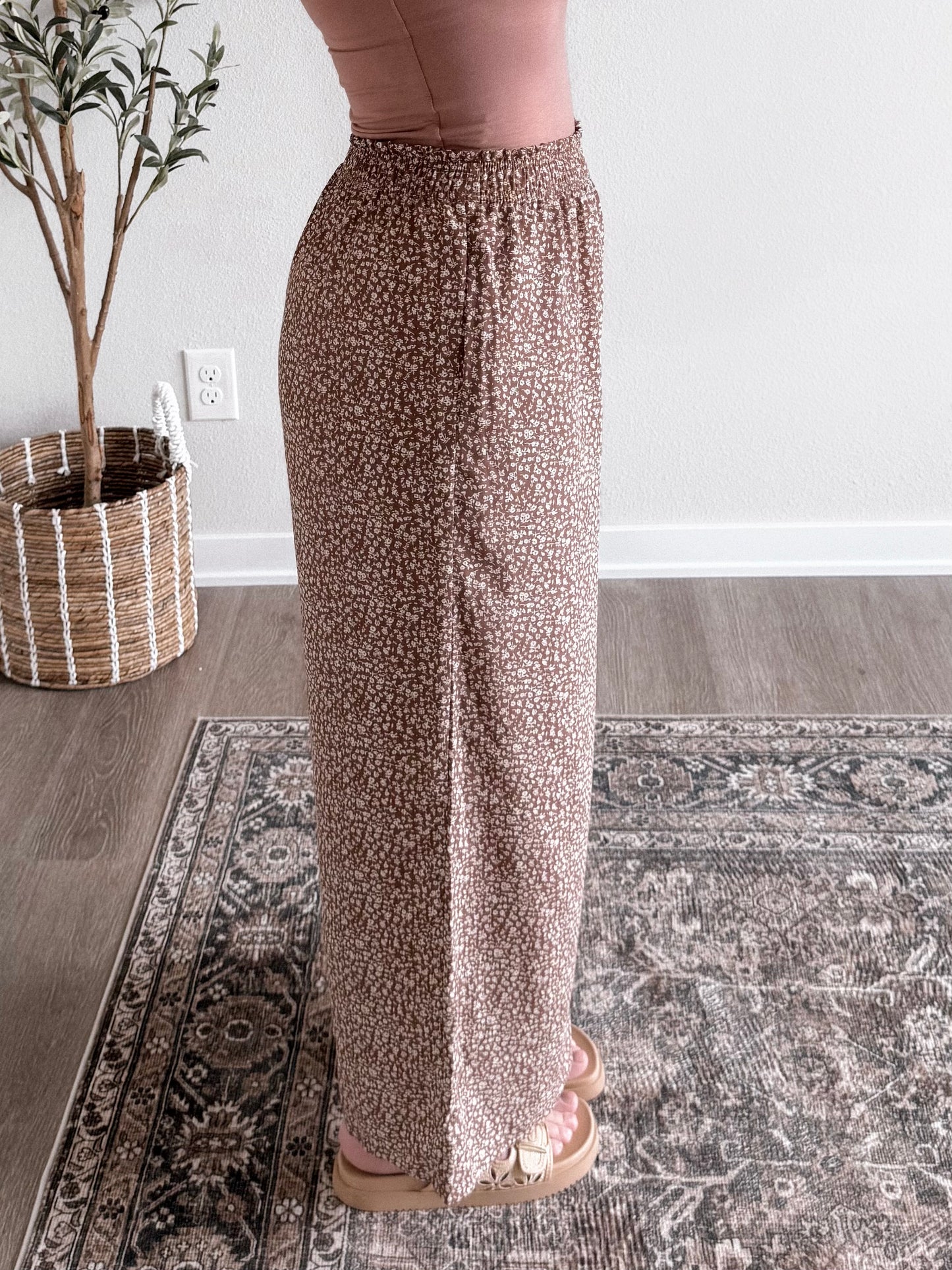 Mocha Floral Wide Leg Crop Pant (est ship by 4.17)