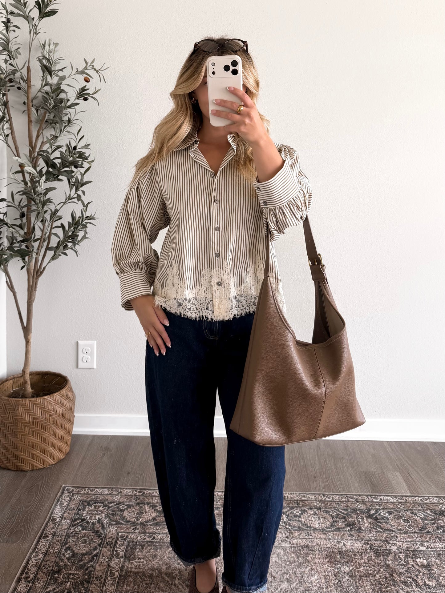 Lacewood Striped Button Top / Olive