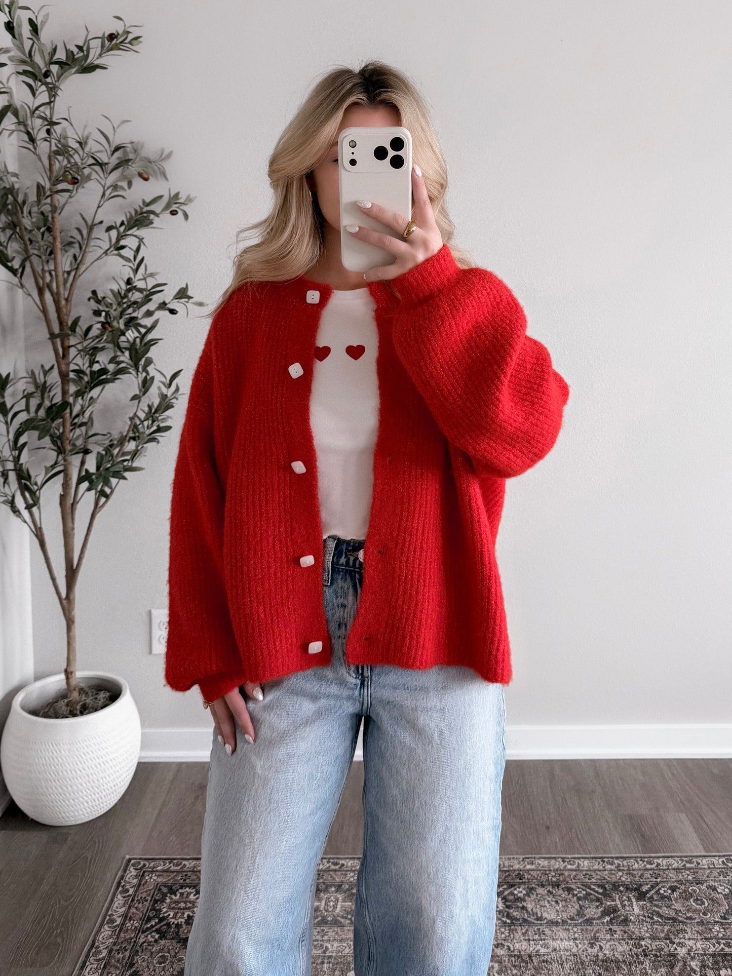 Honey Cove Button Down Sweater / Red