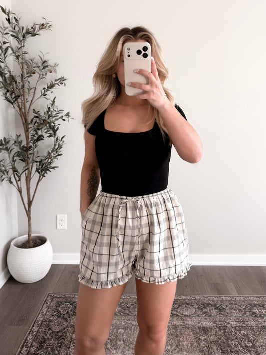 Summer Grid Print Ruffle Shorts