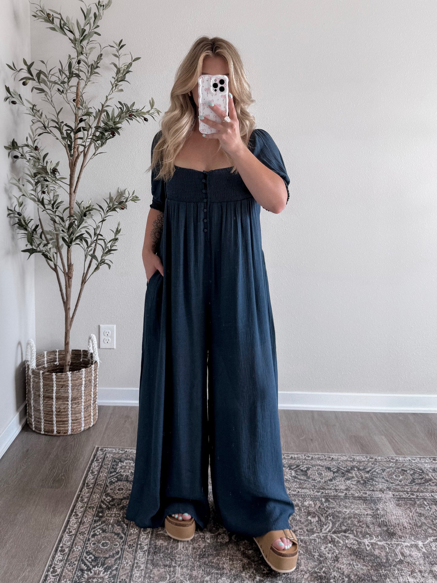 Navy Babydoll Wide Leg Jumpsuit