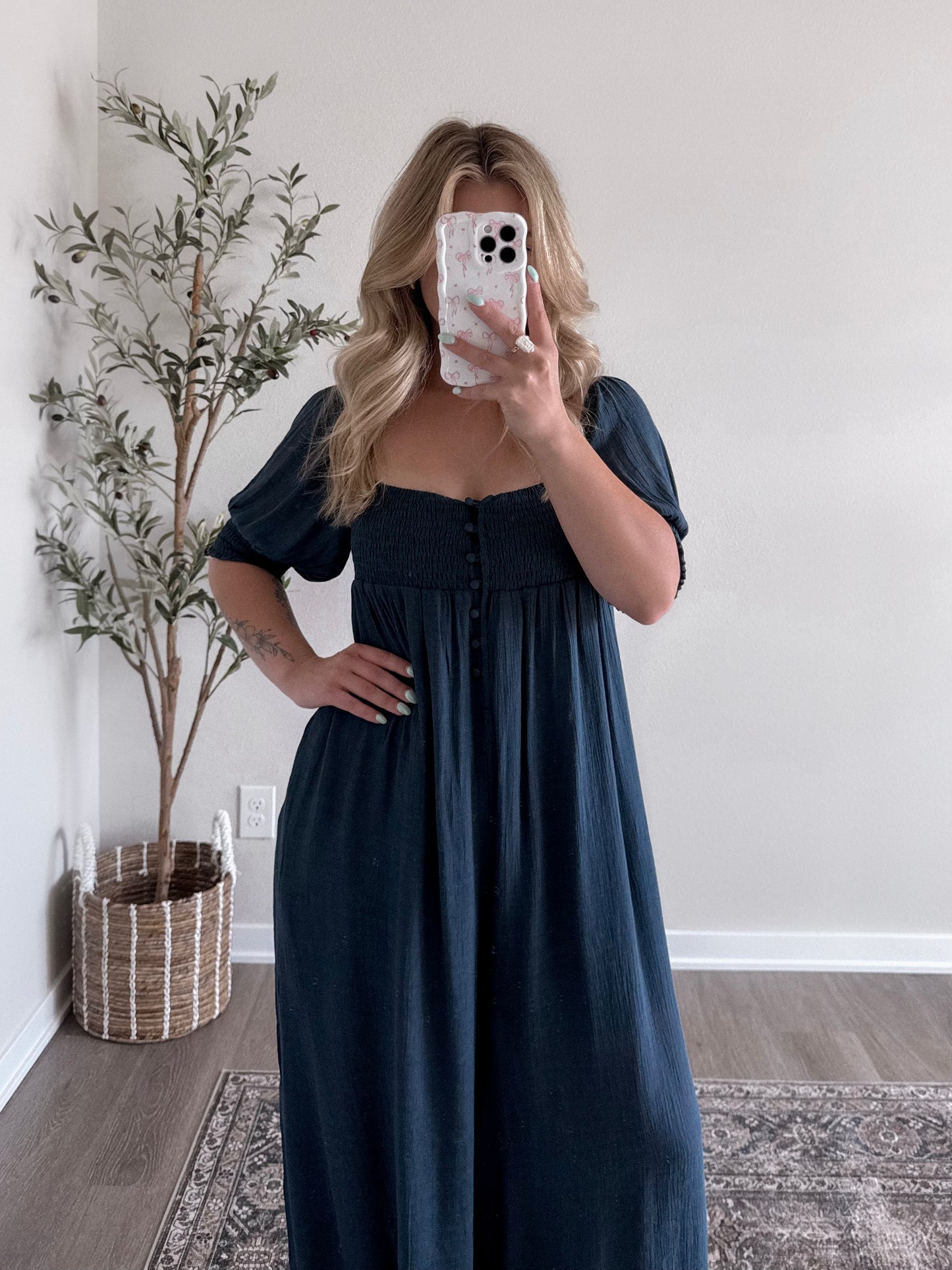 Navy Babydoll Wide Leg Jumpsuit