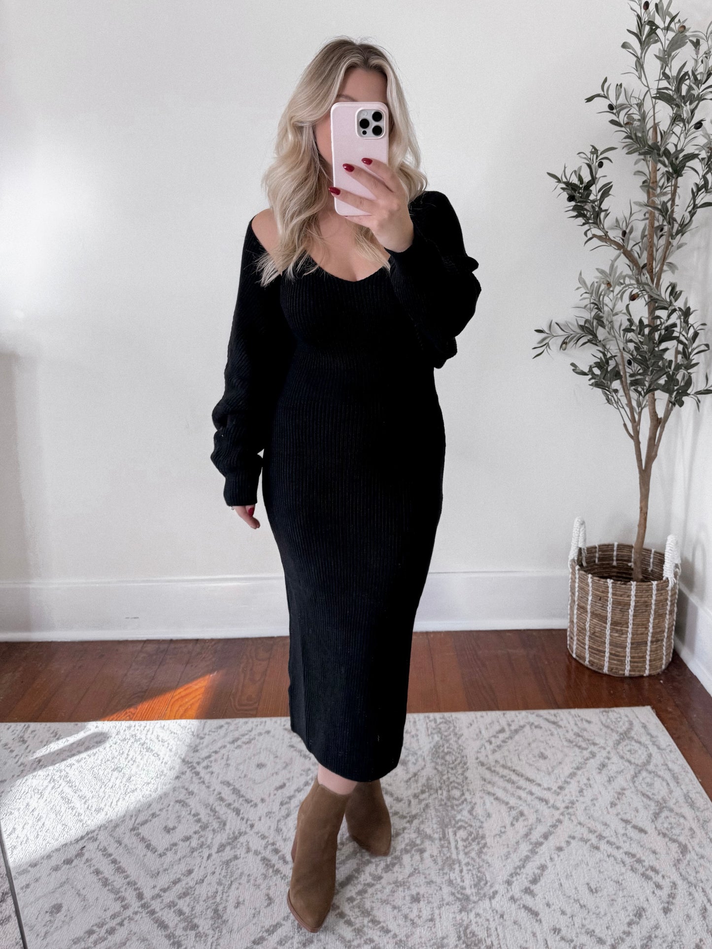 Black Sweater Knit Midi Dress Set Final Sale