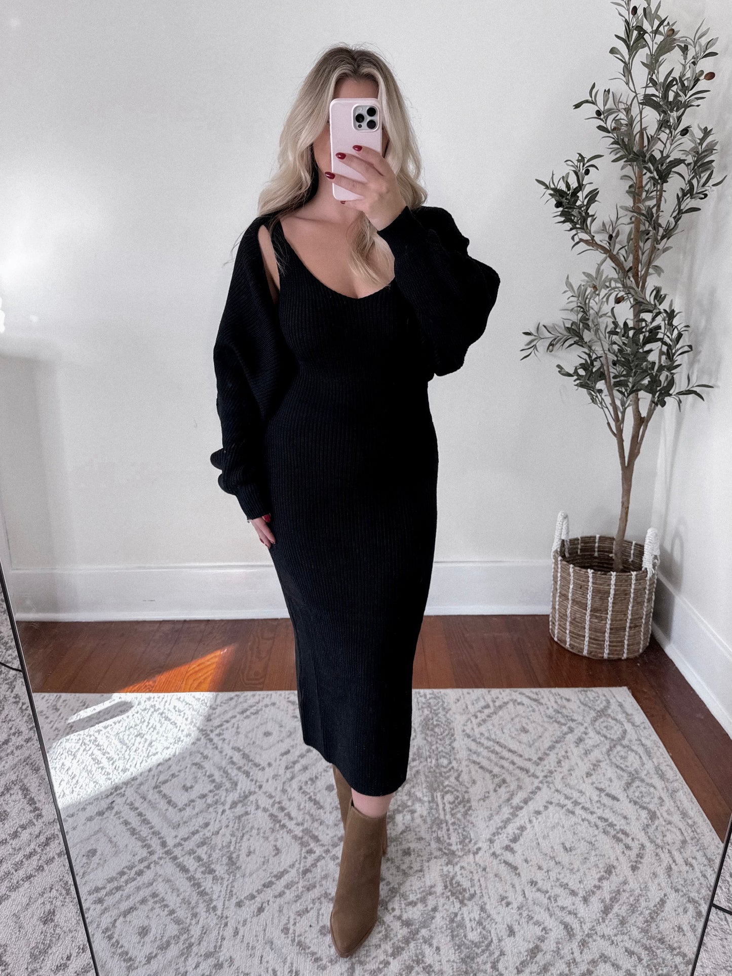 Black Sweater Knit Midi Dress Set Final Sale