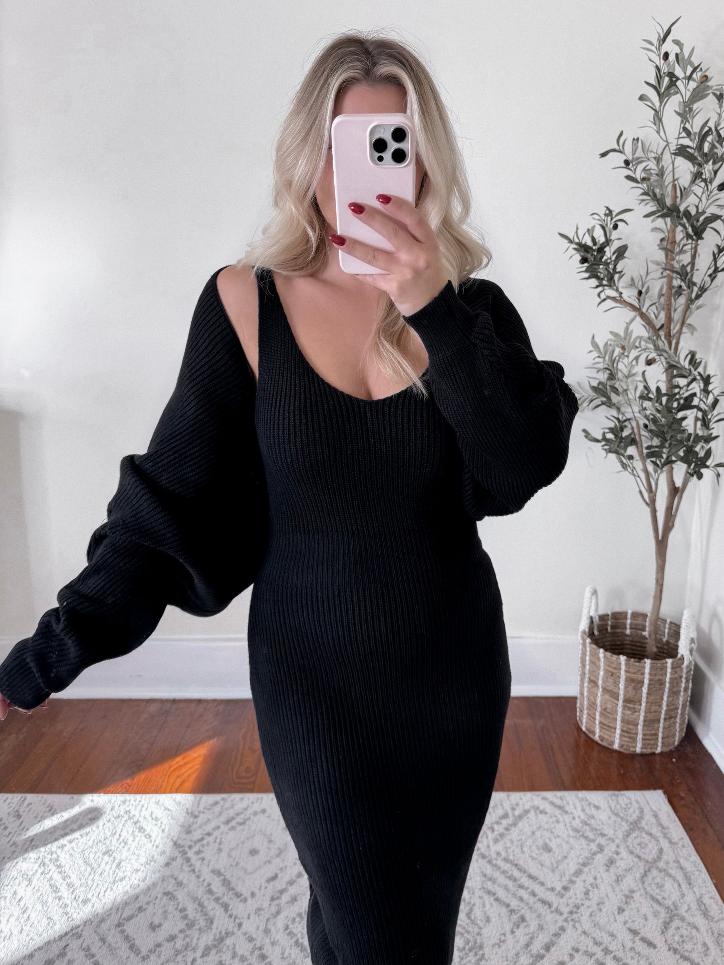Black Sweater Knit Midi Dress Set Final Sale