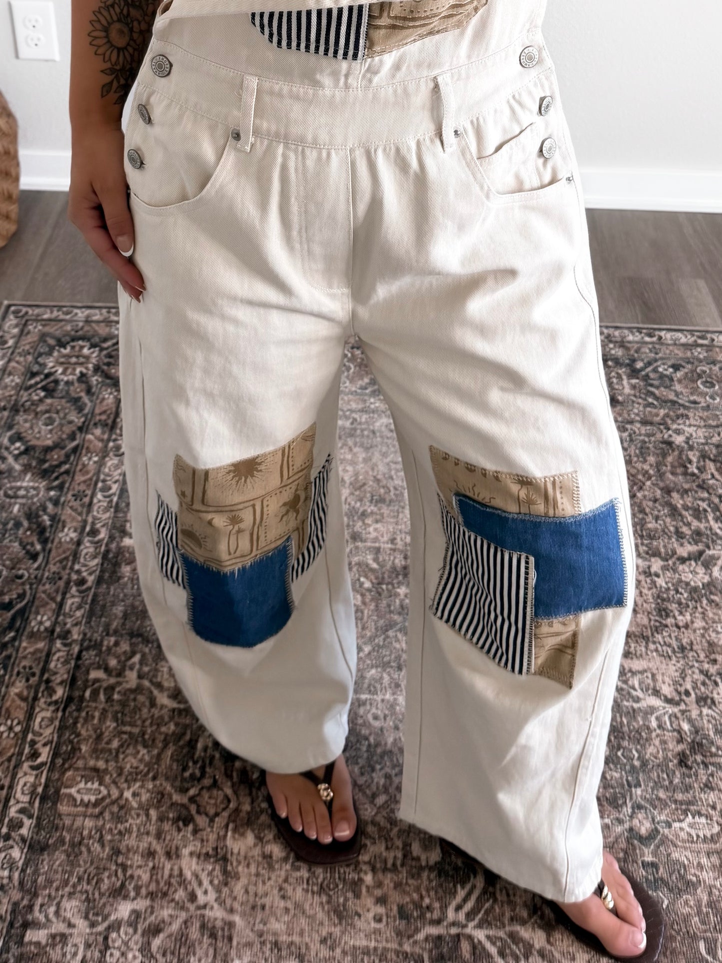 Roam Free Patchwork Barrel Overalls