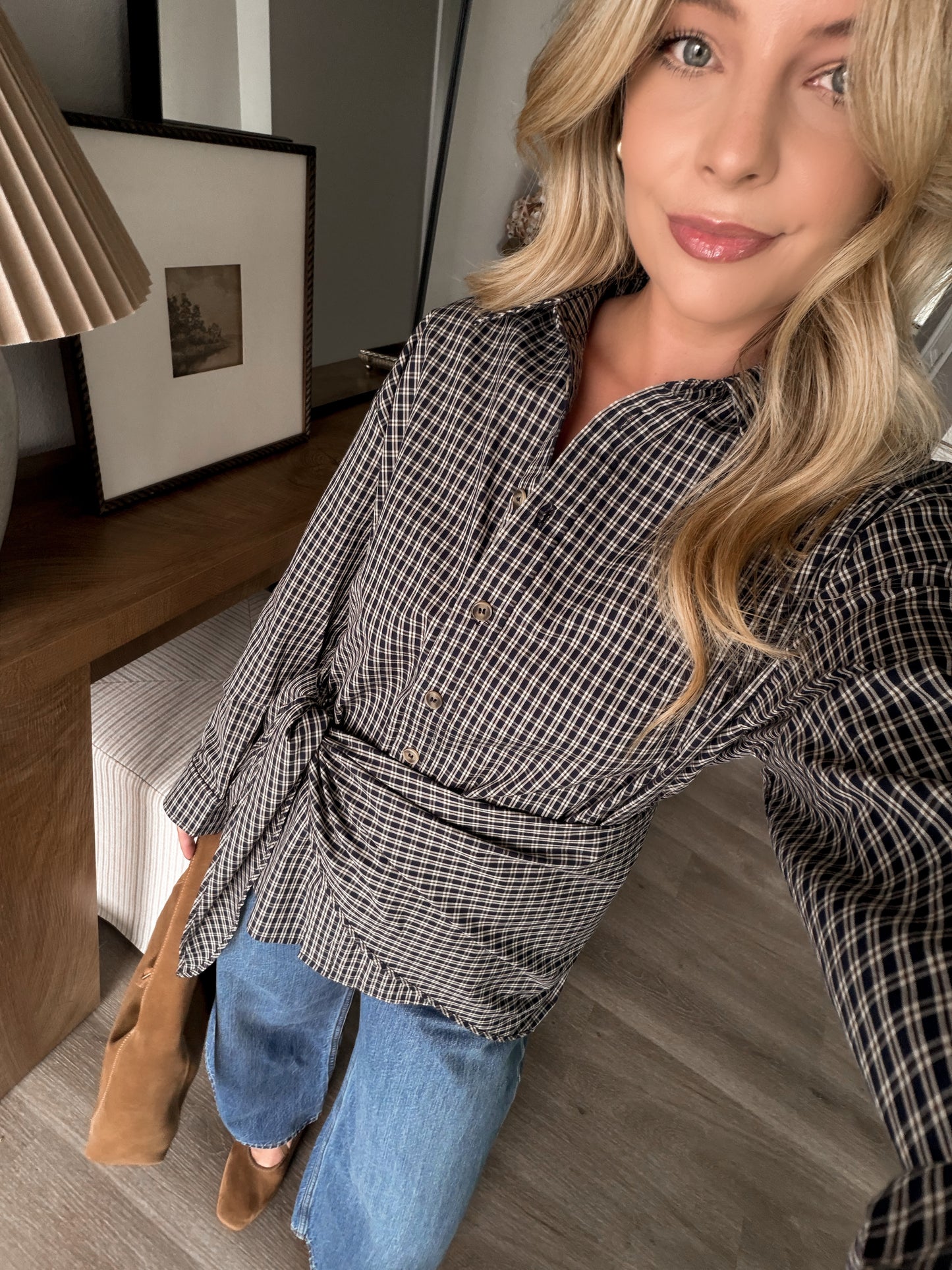 Oxford Grid Scarf Wrap Top / Navy