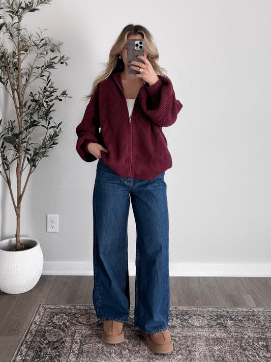 Coffehouse Zip Cardigan / Burgandy