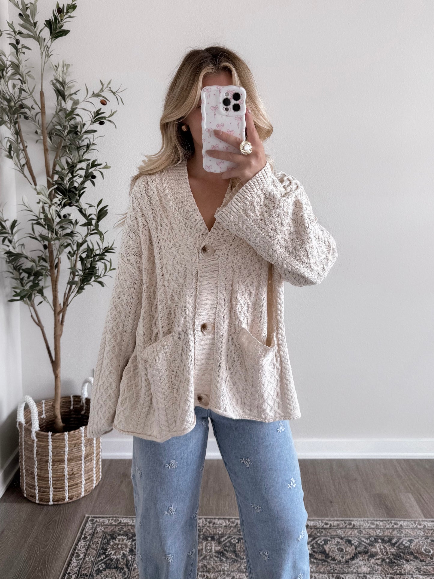 Birch Cable Knit Button Cardigan (Restocking Again Soon)