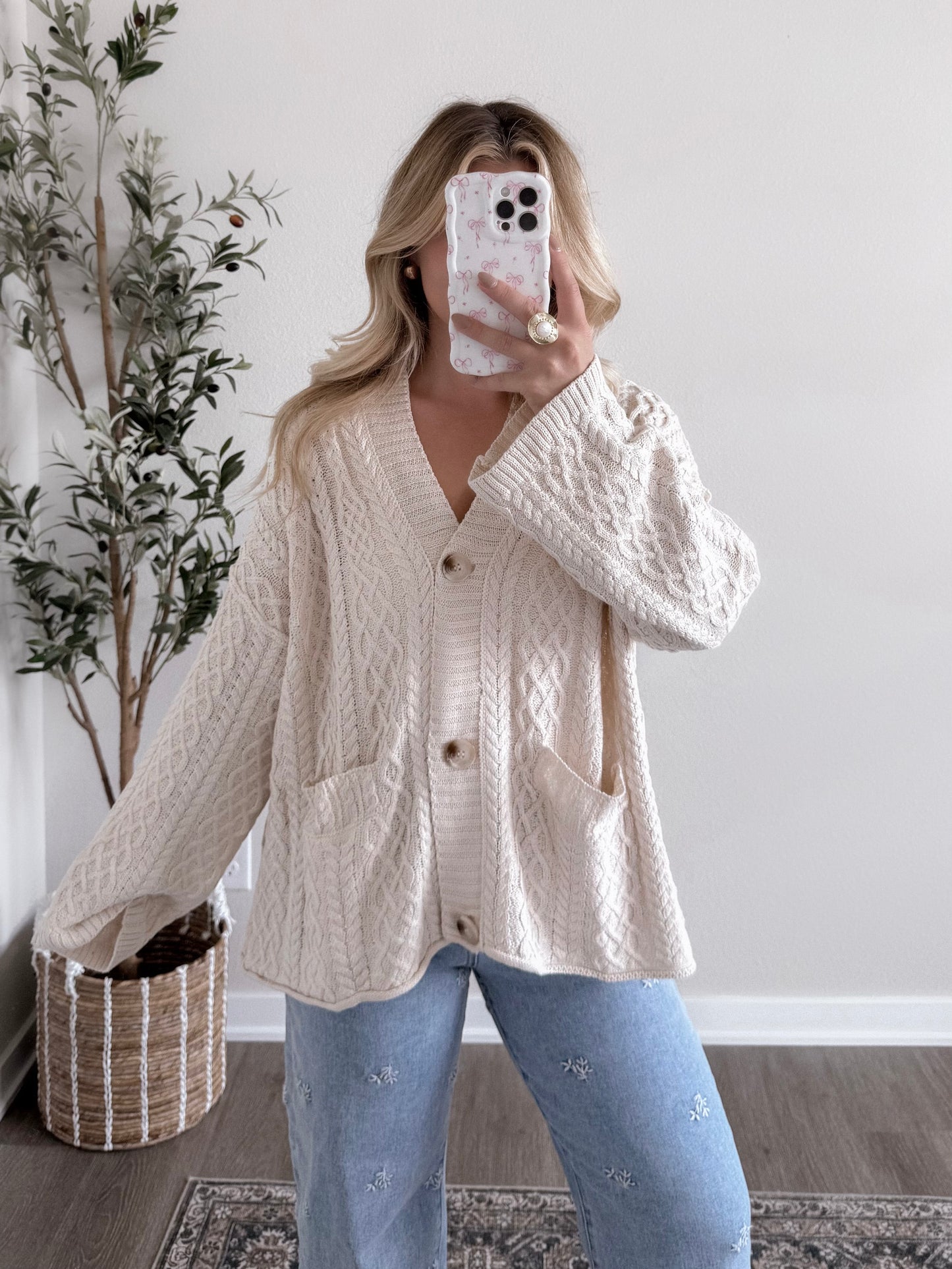 Birch Cable Knit Button Cardigan (Restocking Again Soon)