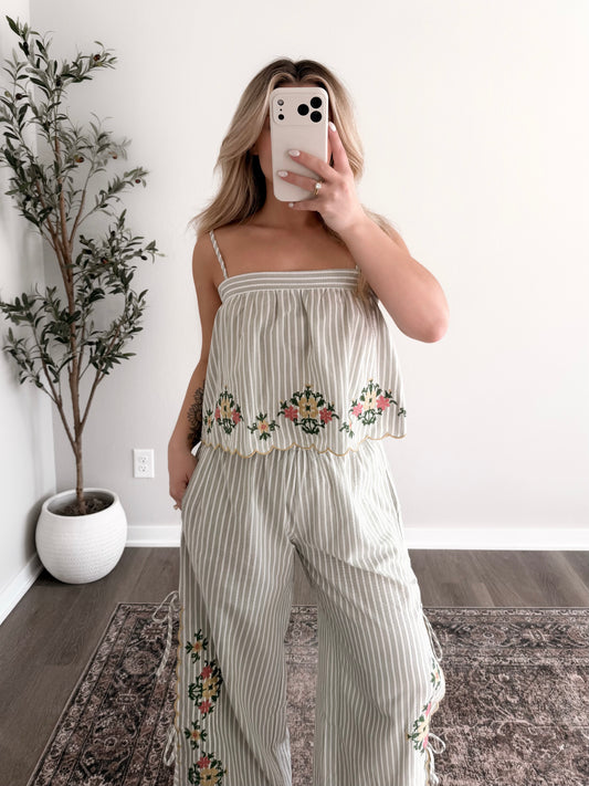 Spring Bloom Embroidered Pant Set