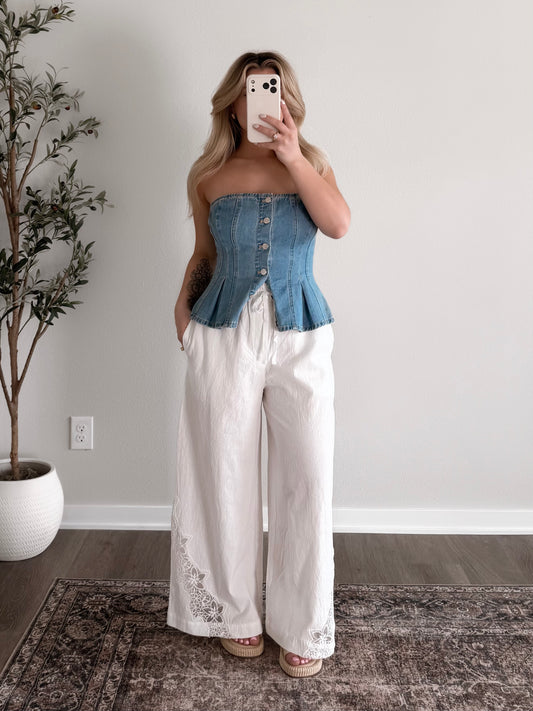 Denim Dreams Strapless Peplum Top