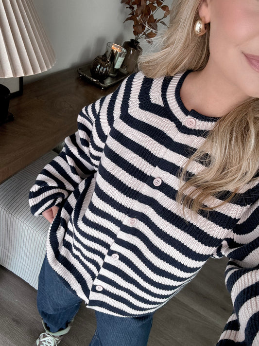 Juniper Button Down Striped Sweater / Blush-Navy