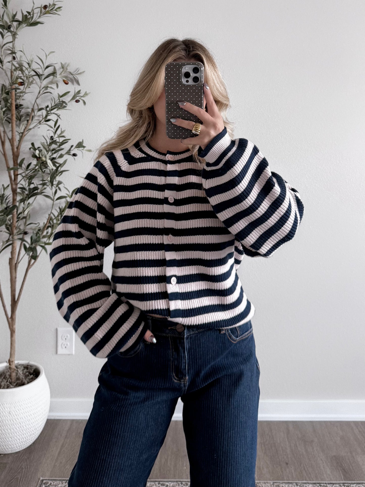 Juniper Button Down Striped Sweater / Blush-Navy
