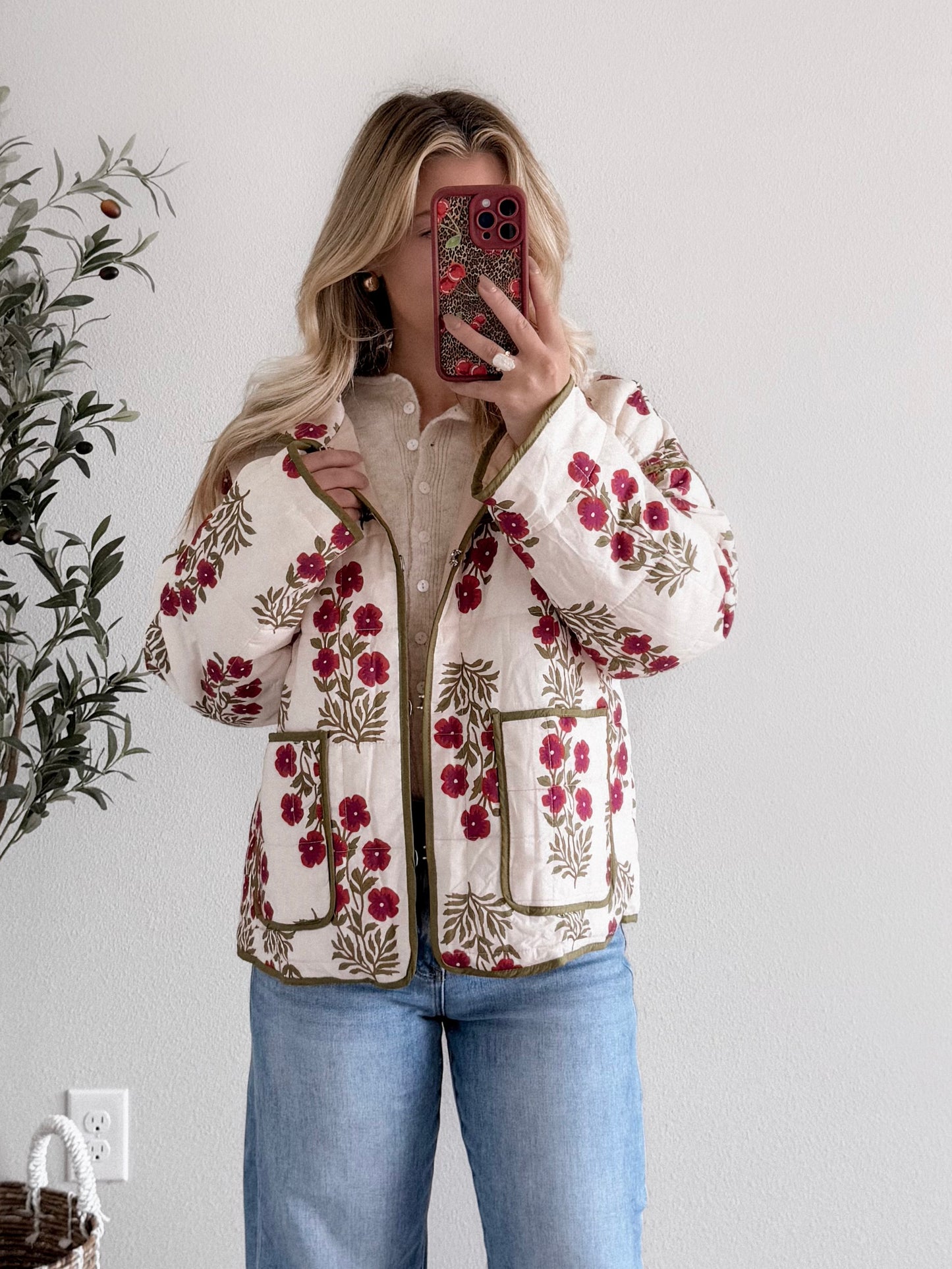 Crimson Veil Floral Quilted Jacket