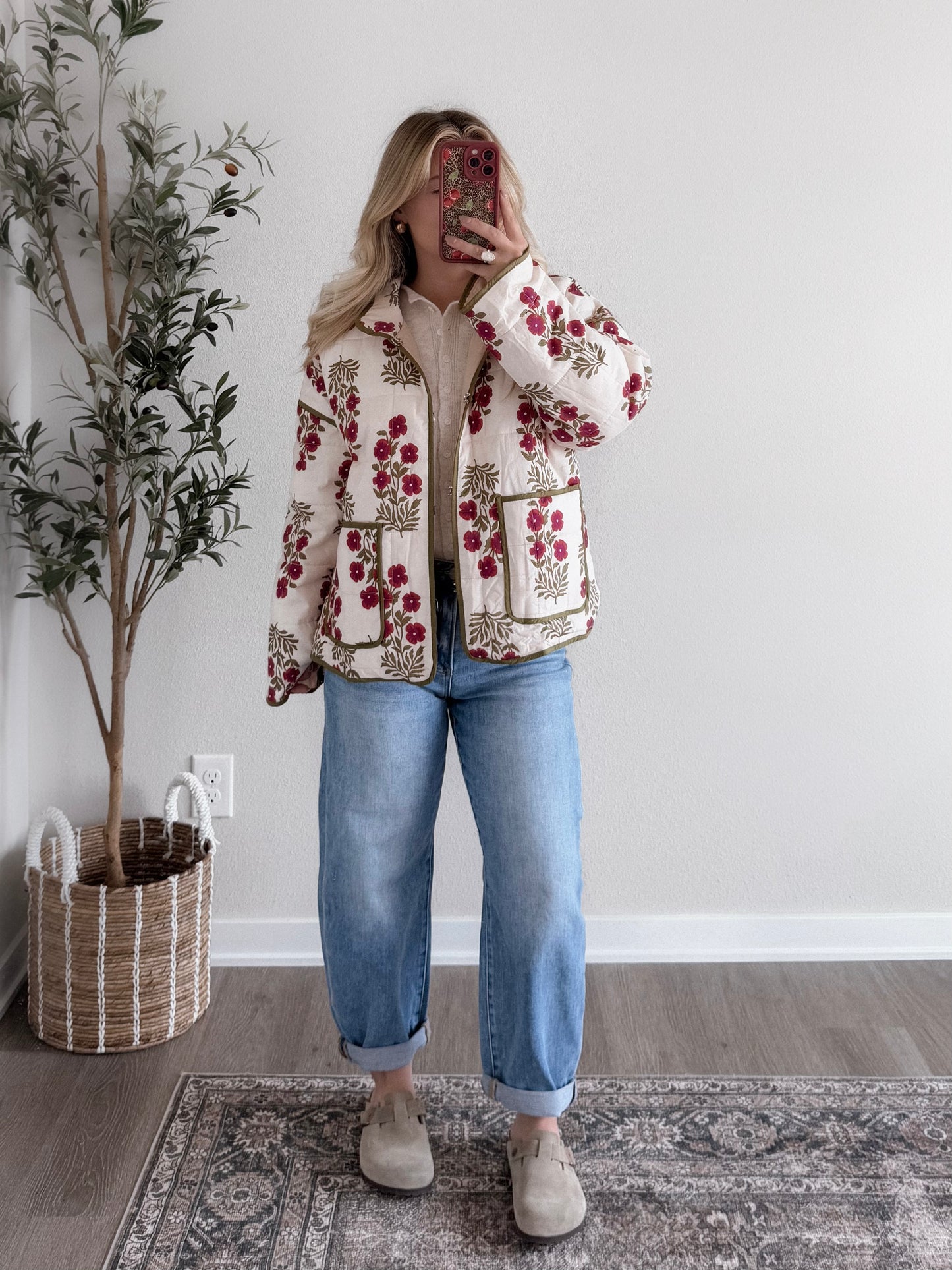 Crimson Veil Floral Quilted Jacket