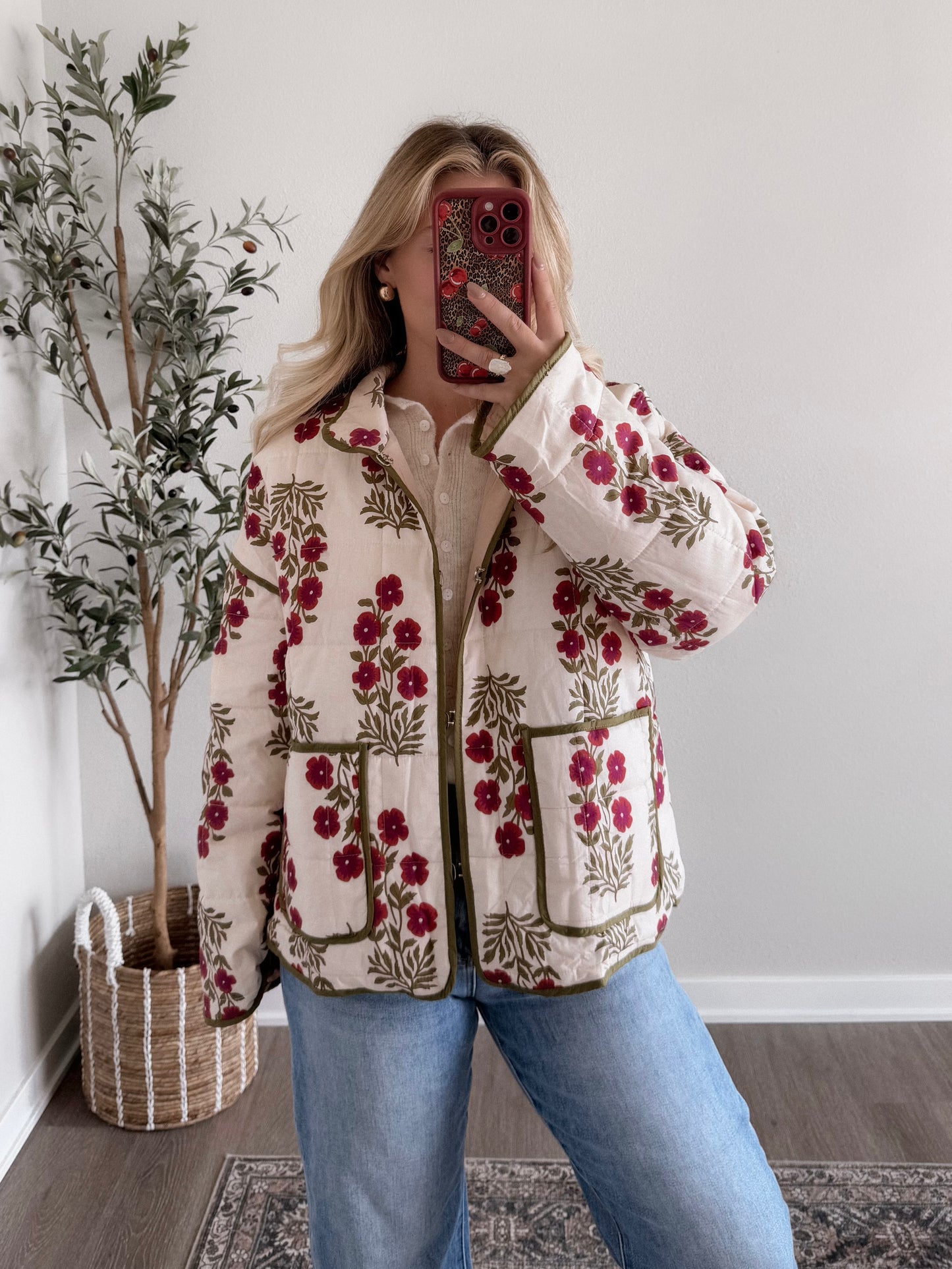 Crimson Veil Floral Quilted Jacket