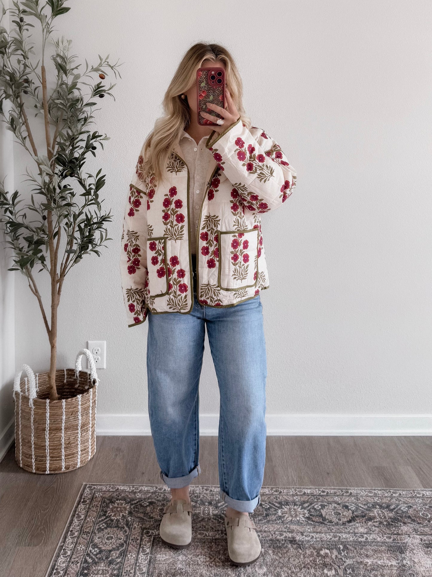 Crimson Veil Floral Quilted Jacket