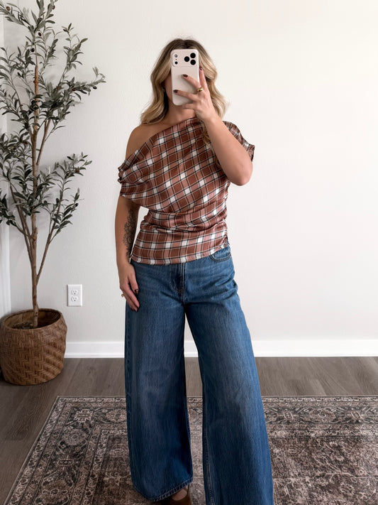 Auburn Spice Plaid Satin Top