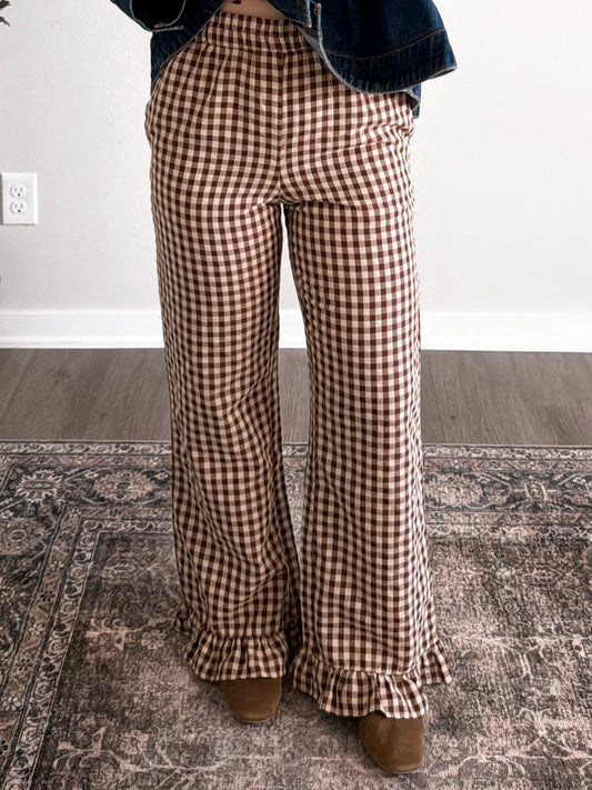 Maple Lane Ruffle Gingham Pants
