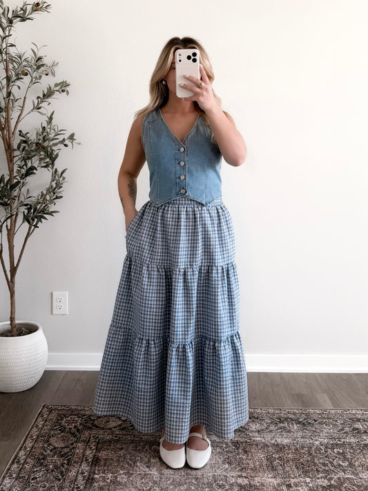 Picket Fence Plaid Midi Skirt