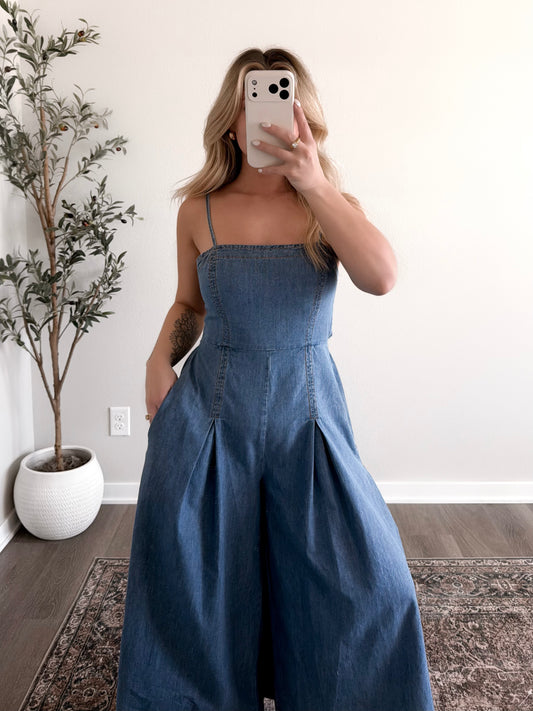 Bonnie Denim Wide Leg Crop Jumpsuit (Short Friendly)