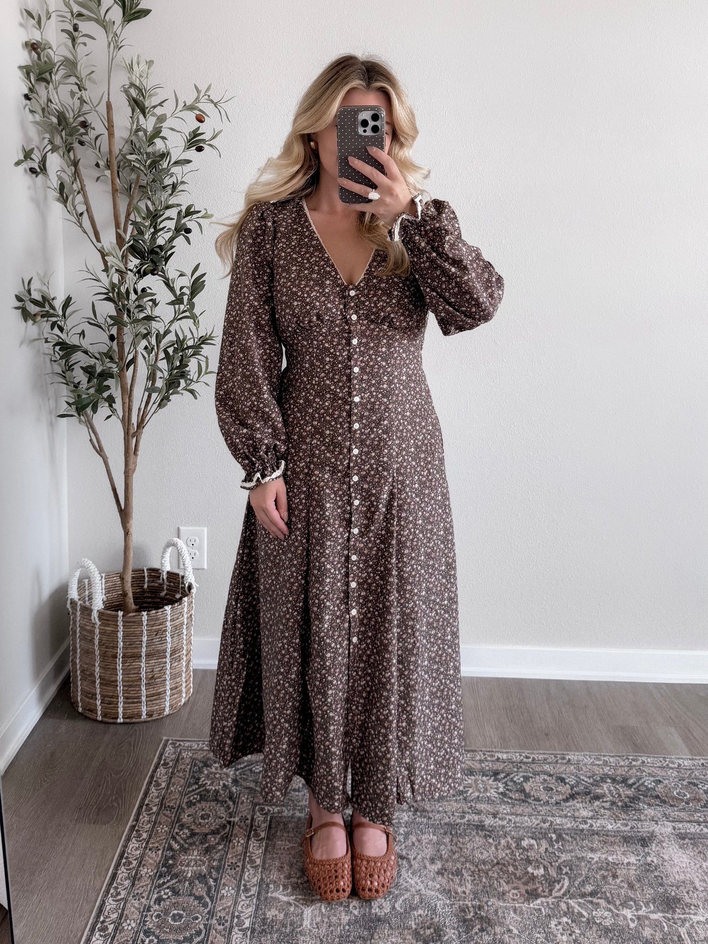 Heritage Vintage Floral Midi Dress / Chestnut Brown