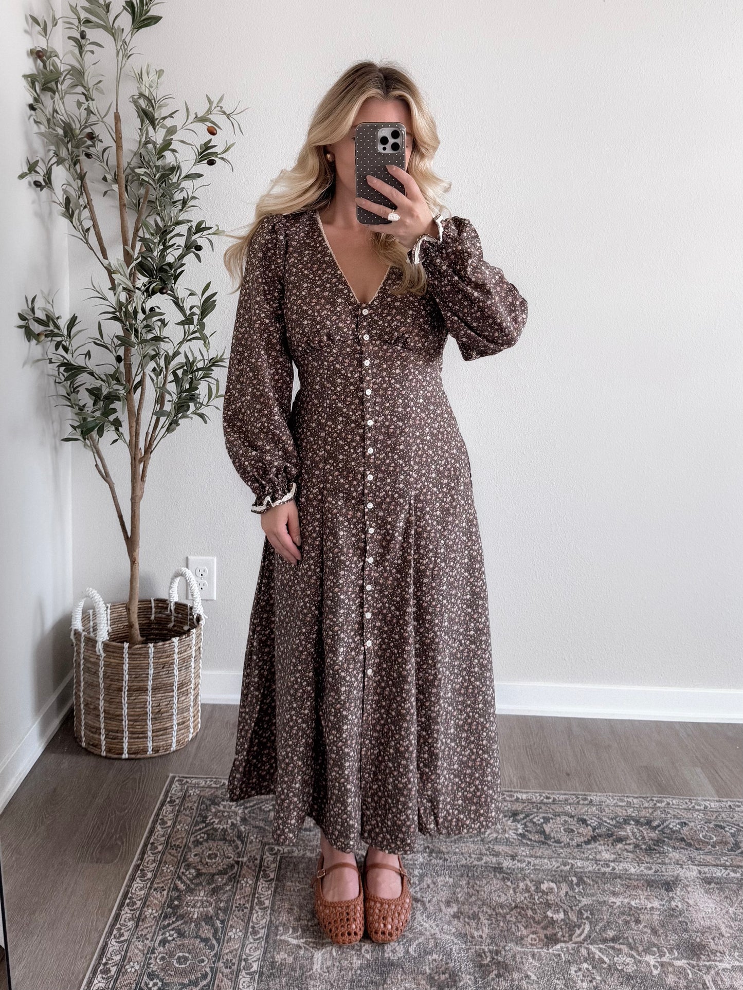 Heritage Vintage Floral Midi Dress / Chestnut Brown