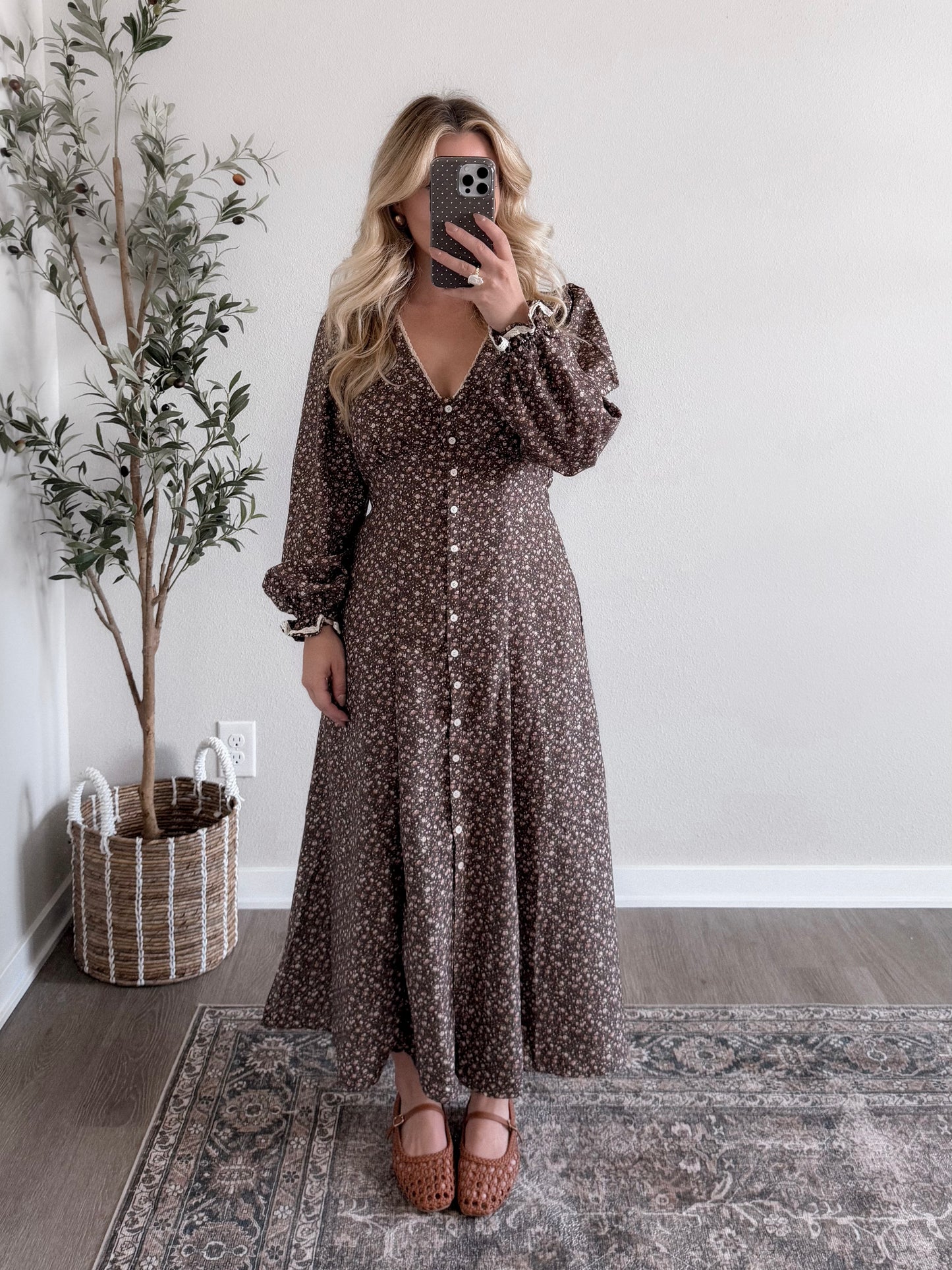 Heritage Vintage Floral Midi Dress / Chestnut Brown