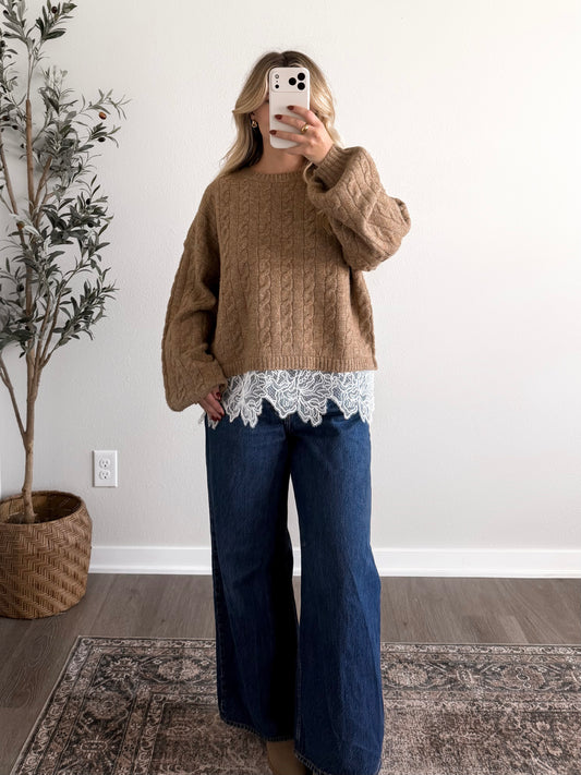 Folklore Lace Cable Knit Sweater / Taupe