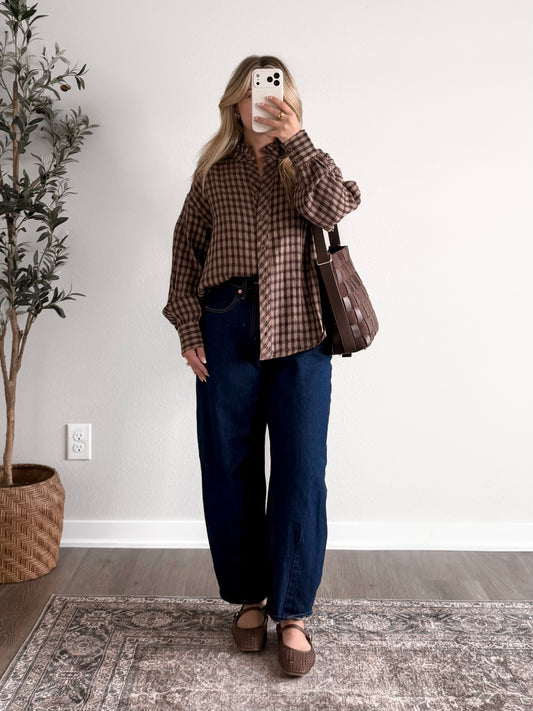 Truffle Plaid Button Down Top