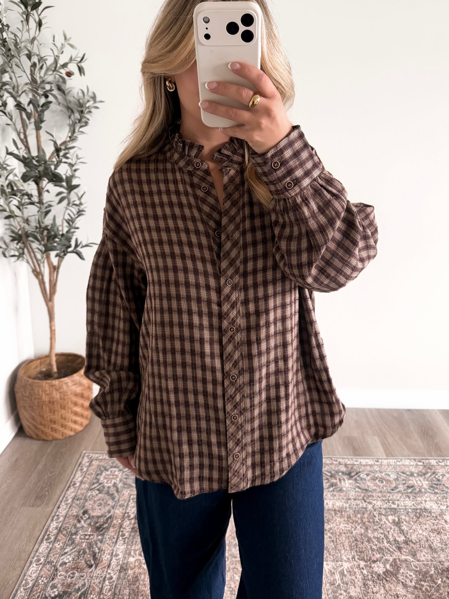 Truffle Plaid Button Down Top
