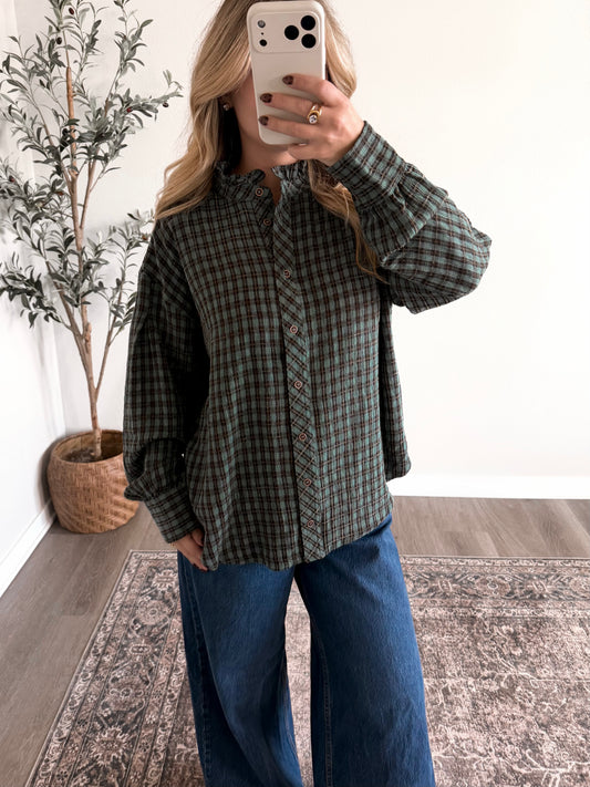 Truffle Plaid Button Down Top / Jade