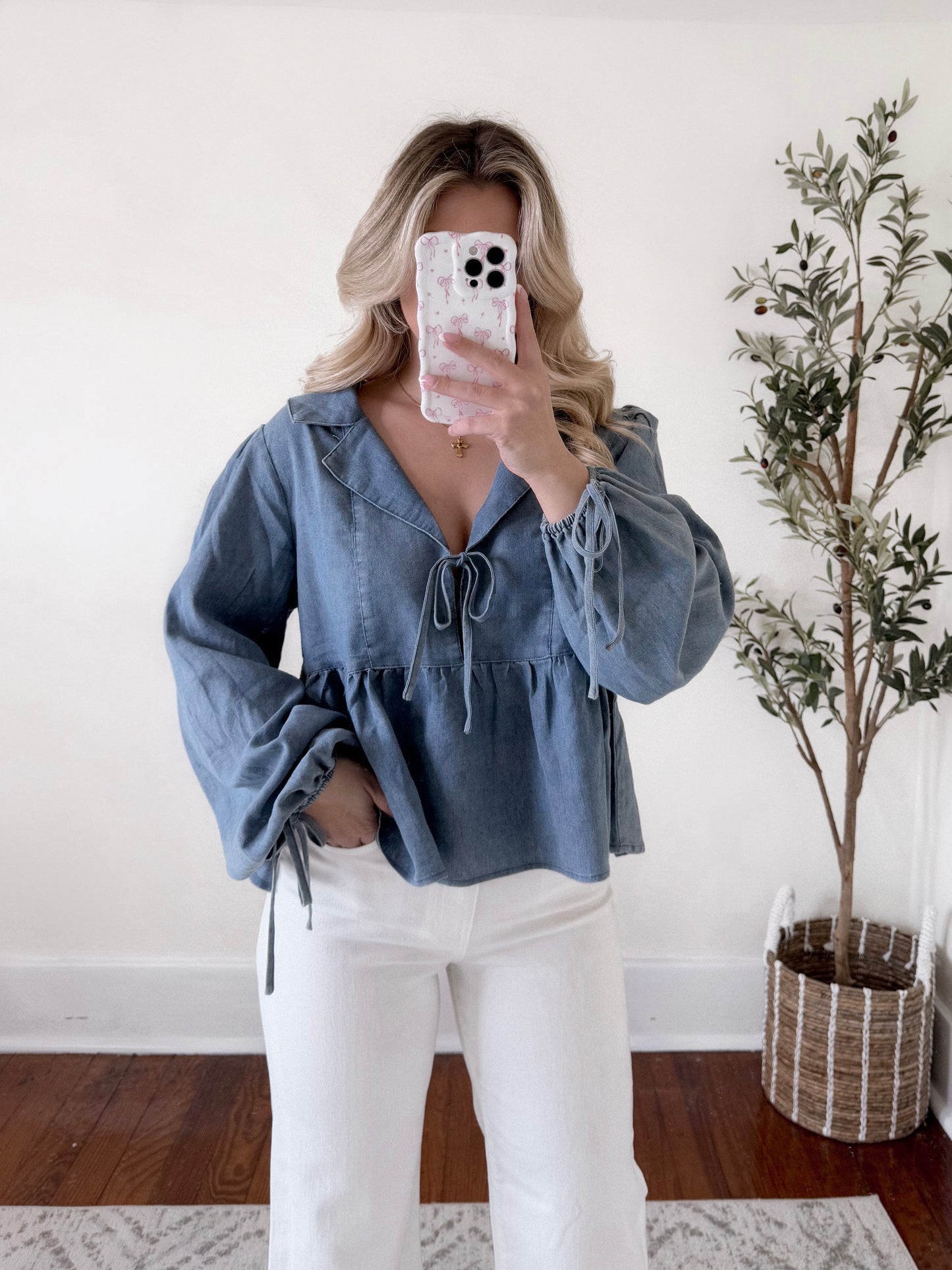 Denim Dream Tie Babydoll Top Final Sale