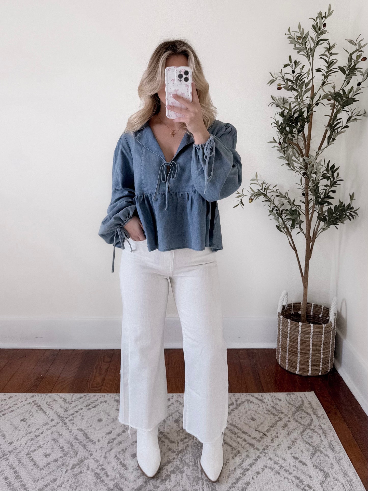 Denim Dream Tie Babydoll Top Final Sale