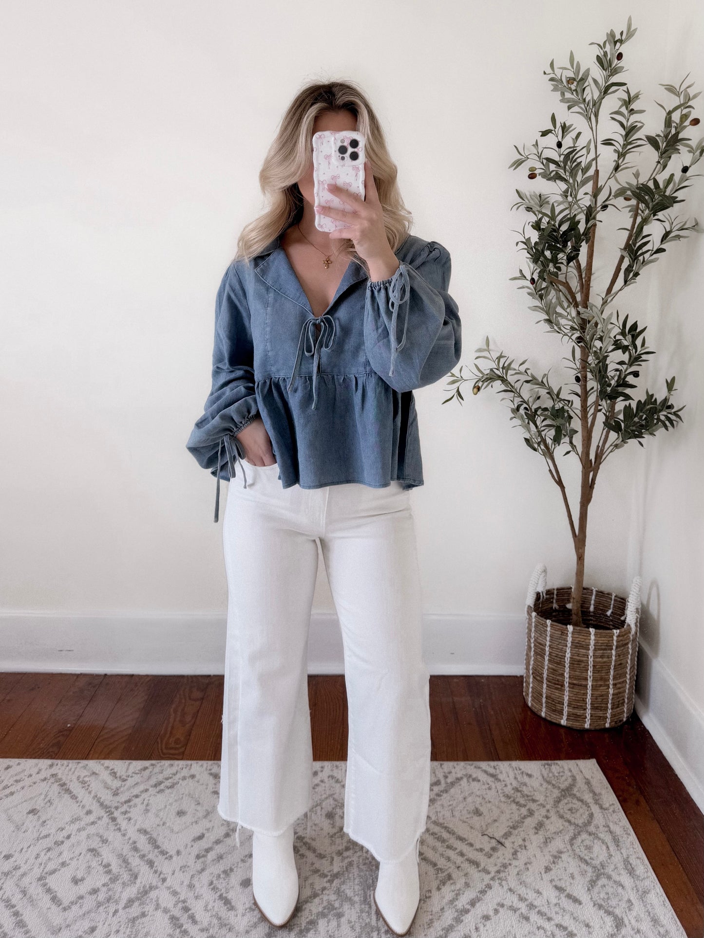 Denim Dream Tie Babydoll Top Final Sale