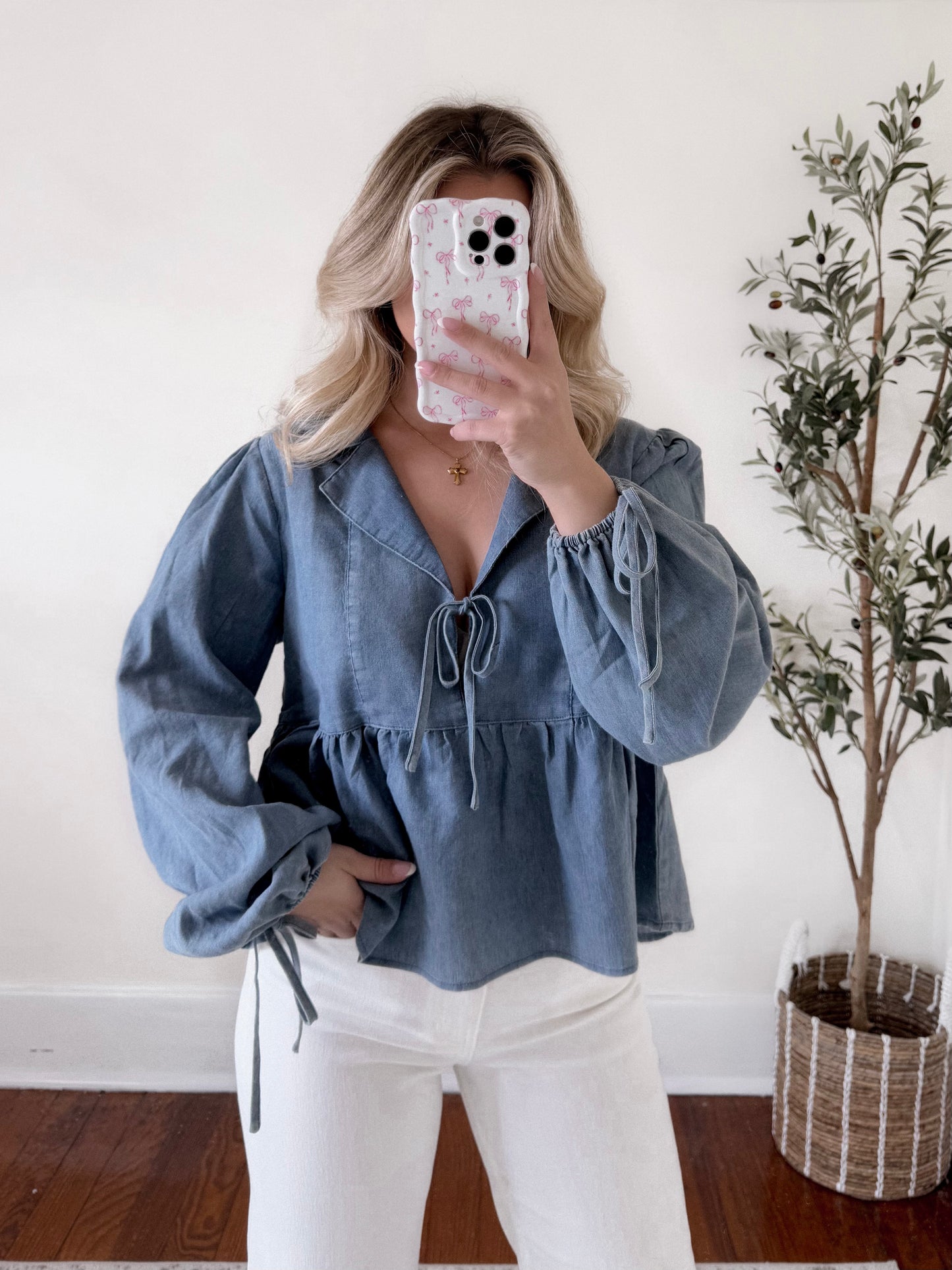 Denim Dream Tie Babydoll Top Final Sale
